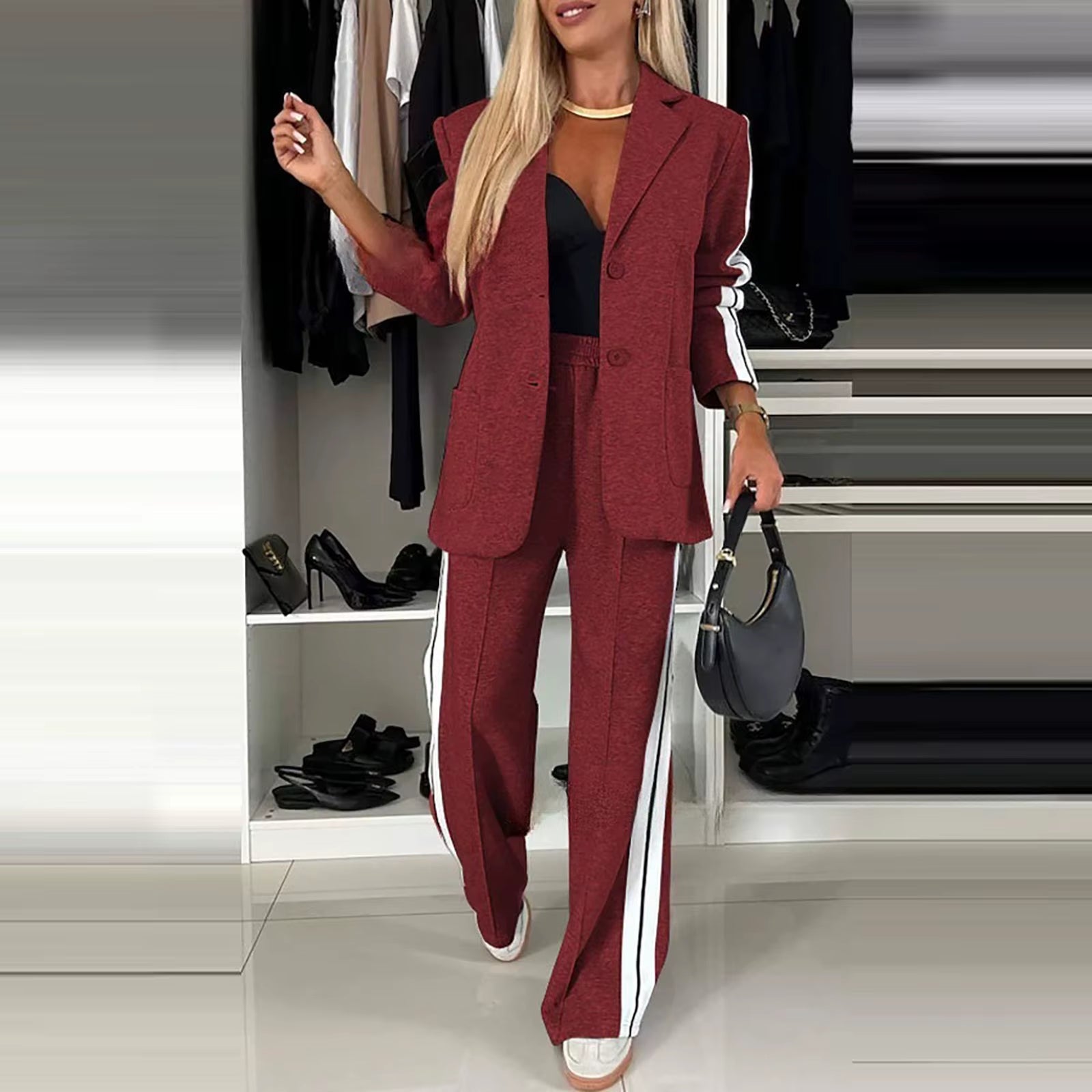 Womens Work Pantsuits 2 Piece Outfits Double Breasted Wide Leg Business Pants Casual Sets with Pockets Elegant Temperament Cloth