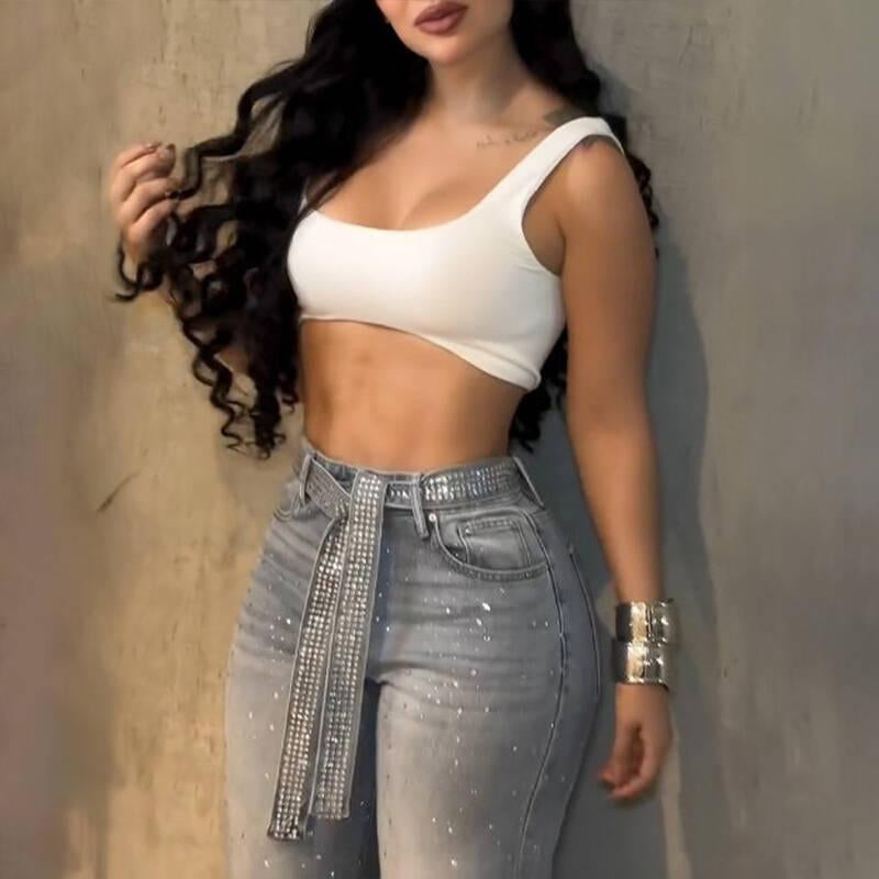 Live Only Chicme Women'S Allover Rhinestone Decor High Waist Zipper Fly Jeans Casual Wide Leg Loose Fit Denim Pants with Rhinestone Decor Belt