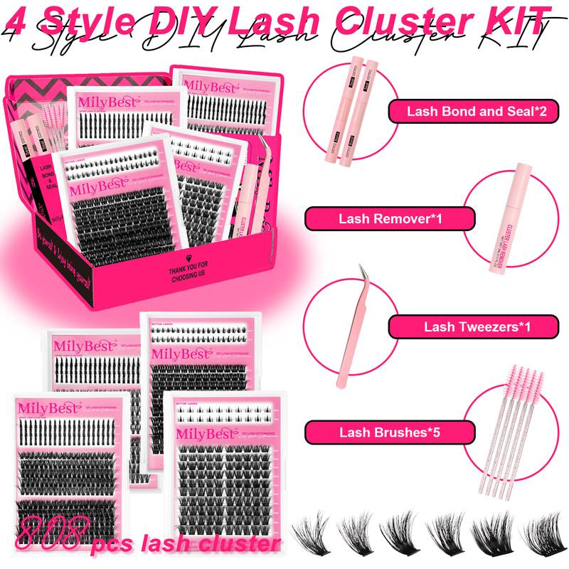 Milybest 4 Styles Lash Clusters Kit,1 Set Mixed Length Individval Eyelash Extensions Kit,Self Grafting False Eyelashes with Tweezers&Glue&Remover,Prefessional Eye Makeup Accessories for Women