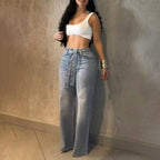 Live Only Chicme Women'S Allover Rhinestone Decor High Waist Zipper Fly Jeans Casual Wide Leg Loose Fit Denim Pants with Rhinestone Decor Belt