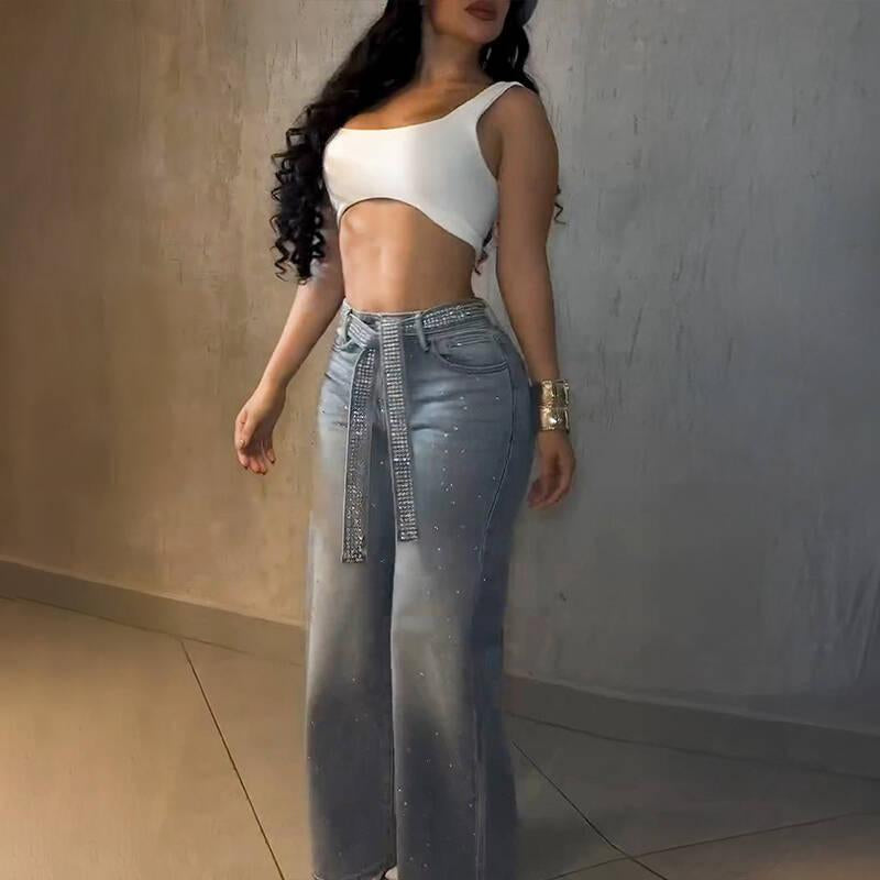 Live Only Chicme Women'S Allover Rhinestone Decor High Waist Zipper Fly Jeans Casual Wide Leg Loose Fit Denim Pants with Rhinestone Decor Belt