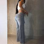 Live Only Chicme Women'S Allover Rhinestone Decor High Waist Zipper Fly Jeans Casual Wide Leg Loose Fit Denim Pants with Rhinestone Decor Belt