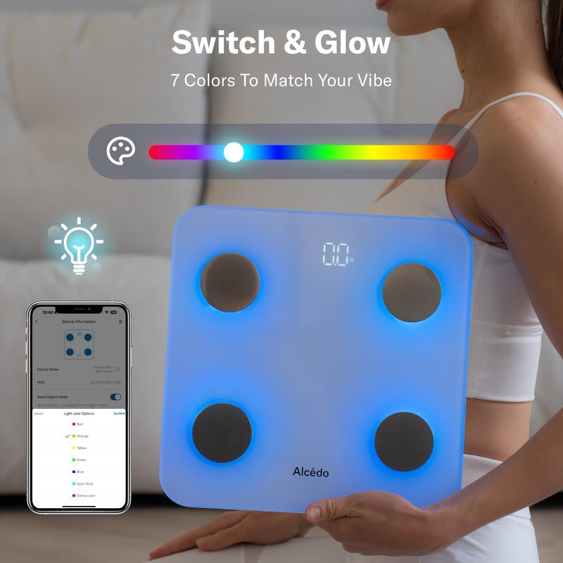 Alcedo Smart Scale for Body Weight, 7-Color Glowing Bluetooth Digital Bathroom Scale for BMI and Body Fat, Body Composition Monitor with Smartphone App