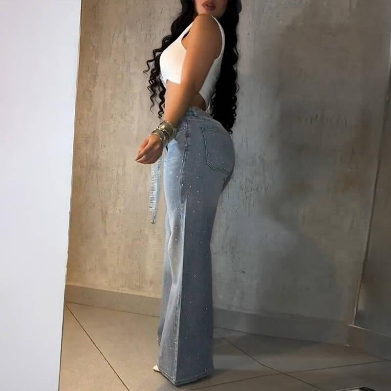 Live Only Chicme Women'S Allover Rhinestone Decor High Waist Zipper Fly Jeans Casual Wide Leg Loose Fit Denim Pants with Rhinestone Decor Belt
