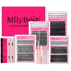 Milybest 4 Styles Lash Clusters Kit,1 Set Mixed Length Individval Eyelash Extensions Kit,Self Grafting False Eyelashes with Tweezers&Glue&Remover,Prefessional Eye Makeup Accessories for Women