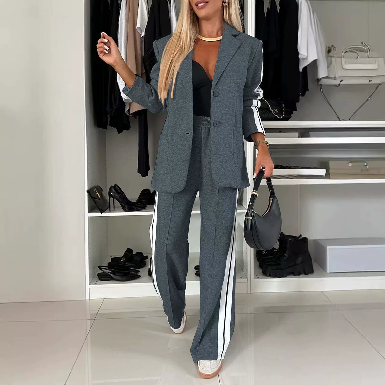 Womens Work Pantsuits 2 Piece Outfits Double Breasted Wide Leg Business Pants Casual Sets with Pockets Elegant Temperament Cloth