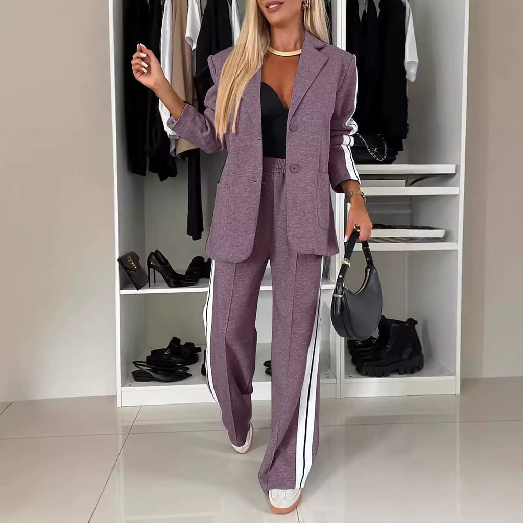 Womens Work Pantsuits 2 Piece Outfits Double Breasted Wide Leg Business Pants Casual Sets with Pockets Elegant Temperament Cloth